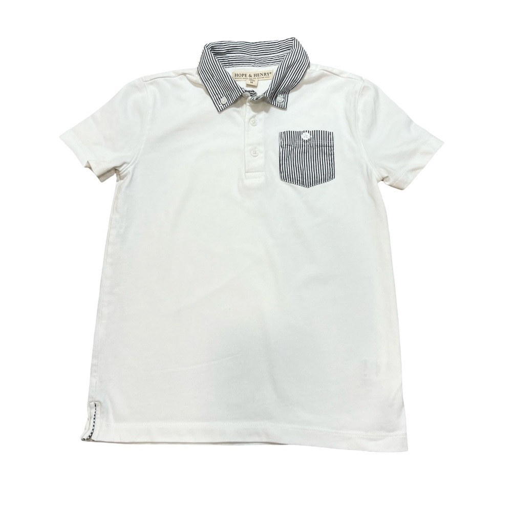 Hope & Henry: Organic Cotton White Polo with Striped Collar and pocket M 7/8